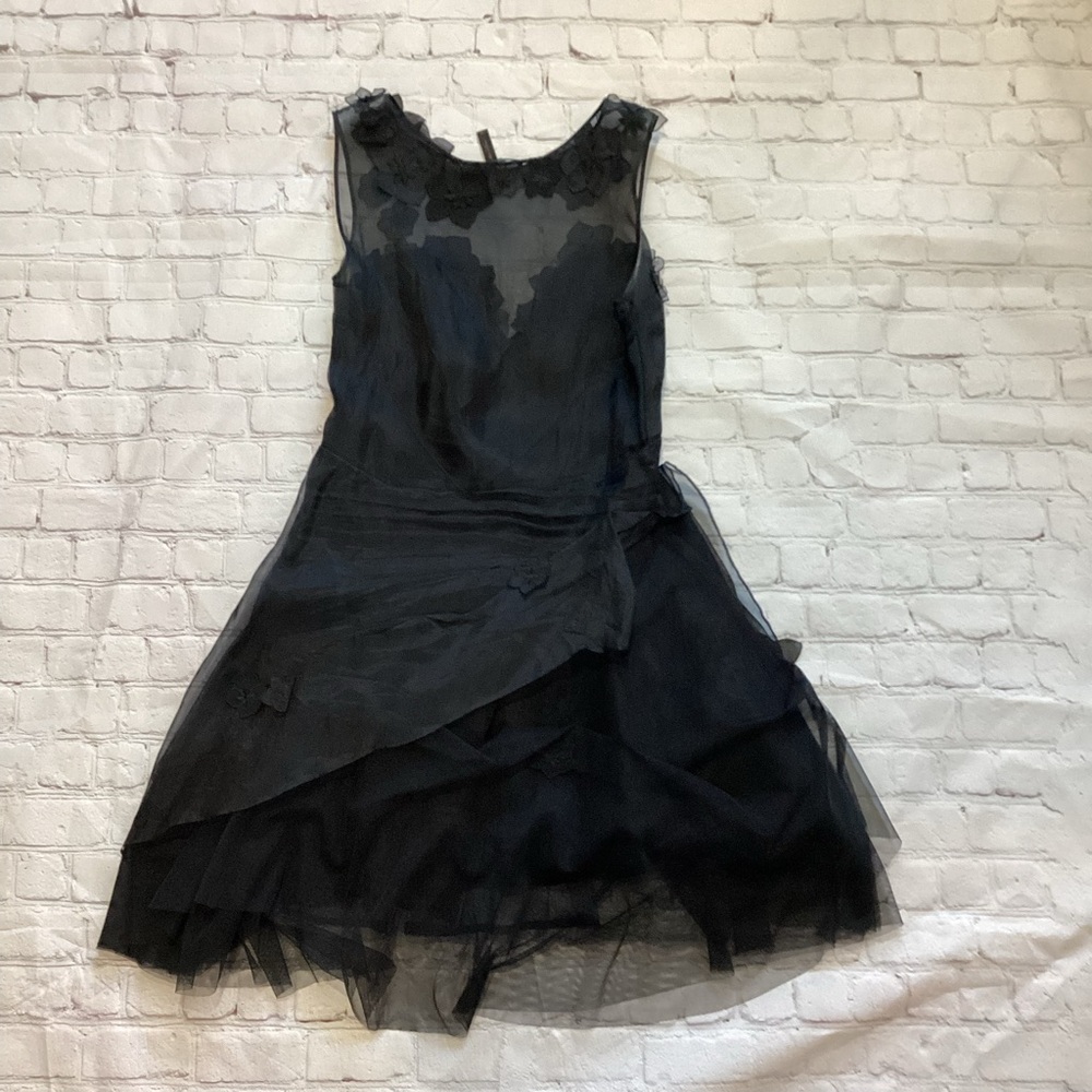 594. BCBGMaxAzria Black Asymmetrical Floral Dress Size 10 EUC - Picture 11 of 11